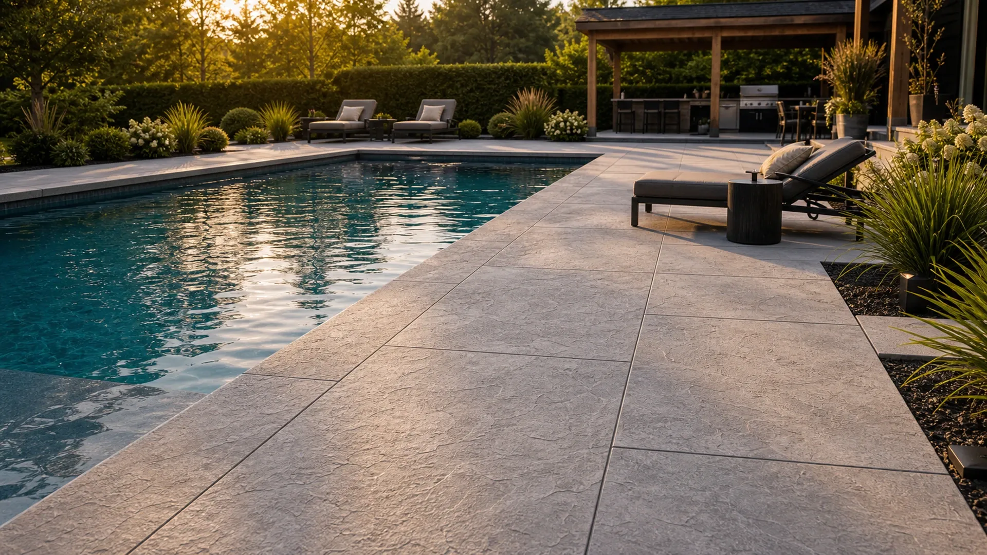 Contour de piscine en béton estampé réalisé par Prestigia.